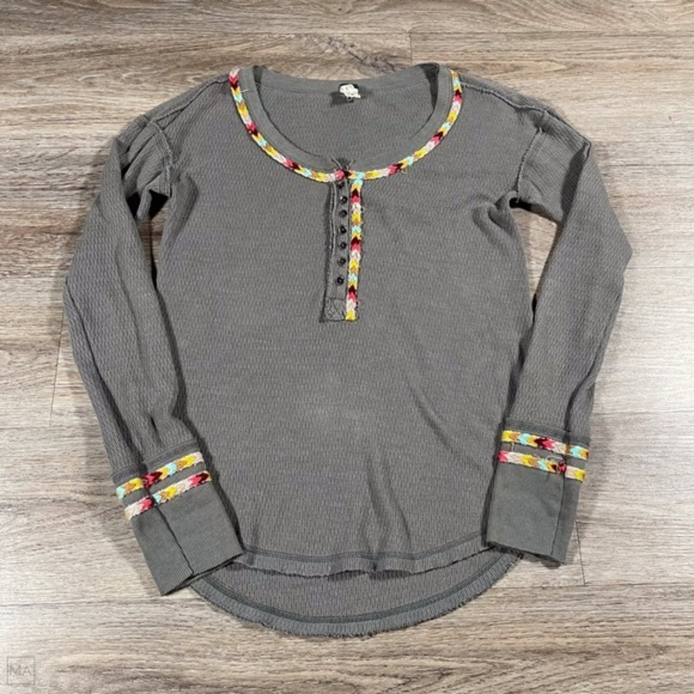 We The Free Free People Women's Top Thermal Henley Long Sleeve Boho  XS‎ Gray